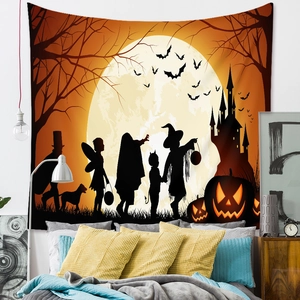 Detail of Halloween tapestry with full moon and pumpkin silhouettes as bedroom wall decor