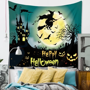 Detail of Halloween tapestry with silhouette castle, witch, and bats for room decor