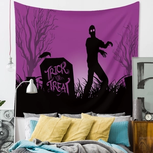 Detail of Halloween tapestry with zombie and Trick or Treat tombstone on purple background