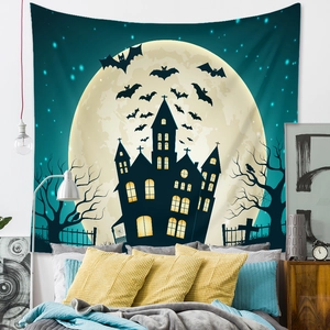 Detail of Halloween tapestry with full moon and gothic castle silhouette on bedroom wall