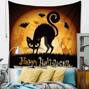 Detail view of a Halloween tapestry featuring a black cat, bats, and a full moon over a bed