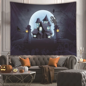 Halloween wall tapestry showing a spooky castle with ghosts and pumpkins in a cozy room