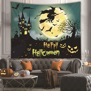 Detail of Halloween tapestry with wizard and full moon in a modern living room setting