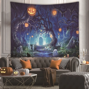 Detailed Halloween wall tapestry featuring glowing pumpkins, ghosts, and bats in a living room