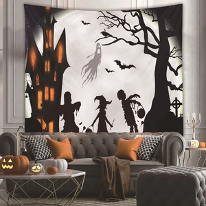 Halloween wall tapestry featuring castle and ghost silhouettes hung above a gray sofa