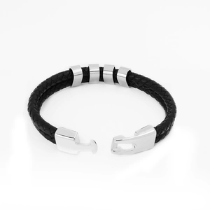 Men's woven leather bracelet with stainless steel rings and secure hook clasp closure
