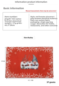 Detail showing high-quality linen texture and measurements of the Christmas forest elf placemat