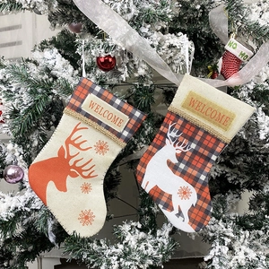 Christmas Stocking Linen Burlap Plaid Reindeer Snowflake Welcome Embroidery Holiday Tree Hanging Decoration Gift Bag