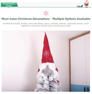 Detail of red felt gnome tree topper with white snowflake patterns and long beard