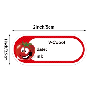 Oval red food storage labels with tomato design for kitchen date and volume tracking