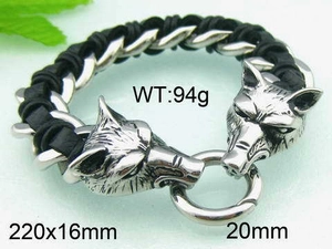 Detailed view of silver wolf head braided leather bracelet with technical measurements