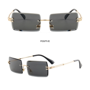 Front and side view of frameless rectangular sunglasses with gold metal frame and gradient lenses