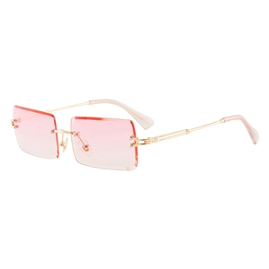 Fashionable rimless square sunglasses with gradient pink lenses and gold metal temples