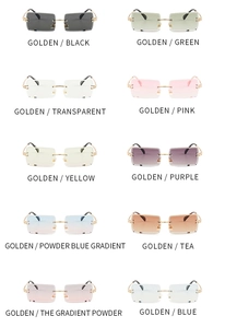 Multiple color options for rimless rectangular sunglasses with gold metal temples