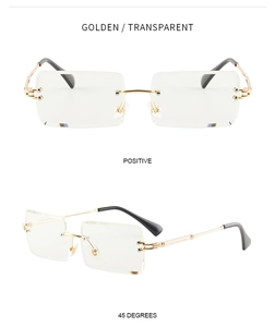 Detail of square rimless sunglasses showing golden metal temples and double dot trim