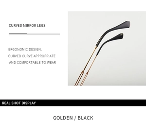 Close-up of ergonomic curved metal temples for square rimless sunglasses in gold and black