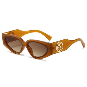 Fashionable amber tortoiseshell cat-eye rectangle sunglasses with golden S logo on temple