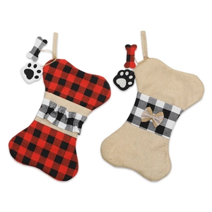 Christmas burlap bone stockings with classic plaid patterns and dog paw tags for mantle