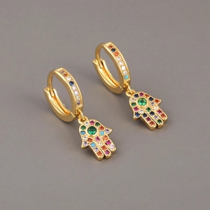 Gold Hamsa Hand drop earrings featuring vibrant multicolor pavé-set zircon crystals
