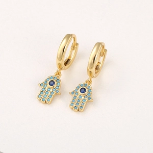 Gold Hamsa Hand drop earrings with blue zircon evil eye inlay and polished hoop