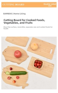 Detailed view of pig and fish shaped bamboo cutting boards with fresh organic vegetables