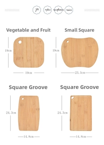 Detailed size chart showing dimensions for square and apple-shaped bamboo cutting boards