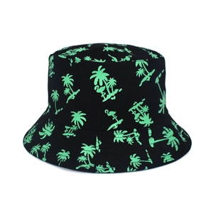 Reversible bucket hat with neon palm tree and flamingo prints on black cotton canvas