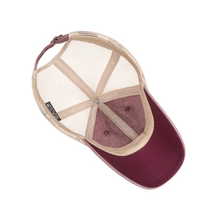 Adjustable breathable mesh baseball cap in burgundy and beige with metal back buckle
