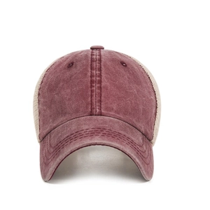 Adjustable breathable mesh baseball cap with washed red canvas and beige back panels