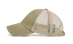 Close-up of vintage mesh baseball cap featuring khaki cotton twill and breathable net