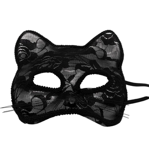 Elegant black lace cat mask for Halloween cosplay with rhinestone and cat ear detail