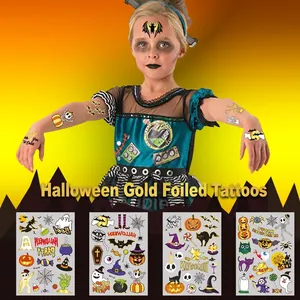 Kids Halloween Bronzing Temporary Tattoo Stickers Waterproof Cartoon Gold Foil Pumpkin Ghost Bat Skeleton Body Art Stickers