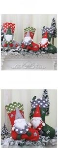 Three-piece set of plush Christmas stockings featuring 3D forest gnome dolls on a mantel