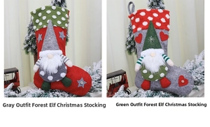 Detail view of 3D gnome Christmas stockings with plush lamb wool and festive polka dot trim