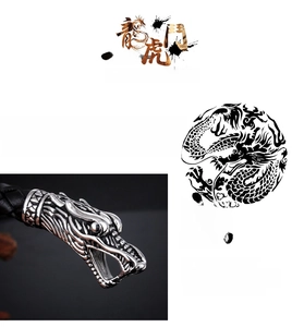 Detailed close-up of the stainless steel dragon clasp and black braided leather strap