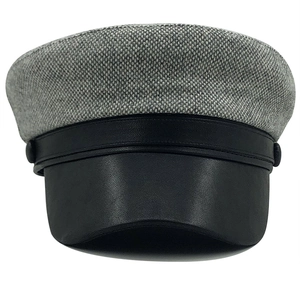 Retro grey plaid wool sailor hat with black leather brim and decorative side buttons