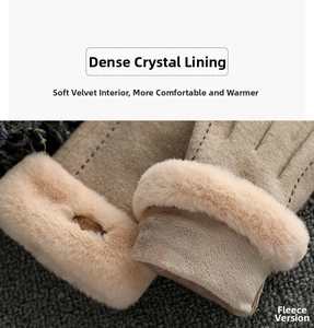 Detail view of khaki thermal glove featuring thick faux fur cuff and soft crystal fleece lining