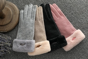 Gants d'hiver chauds en gris, beige, noir et rose avec bordure en fausse fourrure