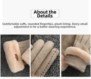Detail view showing the plush cuff, rounded fingertips and warm fleece lining of gloves