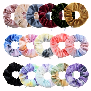 Set of 15 velvet and tie-dye hair scrunchies in assorted colors with a white loop label