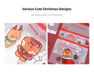 Close-up of waterproof Christmas storage bag with red zipper and cartoon patterns