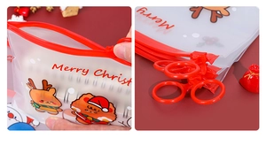 Detail of transparent Christmas file bag with red zipper and cartoon elk pattern