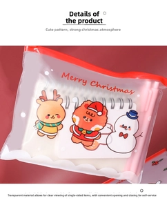 Detail of Christmas stationery bag showing reindeer print and red slide zipper closure