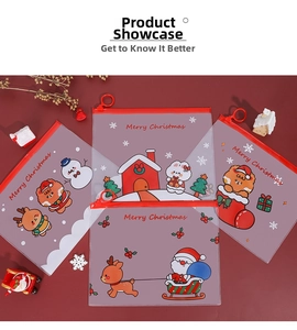 Close-up of four transparent Christmas stationery bags with festive cartoon patterns