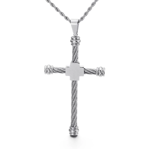 Silver stainless steel cross necklace with woven texture and twisted rope chain for men