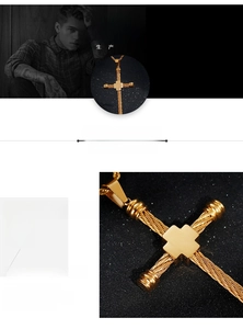 Macro detail of gold stainless steel cross pendant featuring woven texture and mirror finish