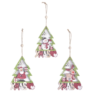 Set of 3 painted wooden Christmas ornaments featuring Santa, Snowman and Reindeer