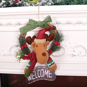 Christmas reindeer welcome wreath with red bow and plush doll for holiday door decoration
