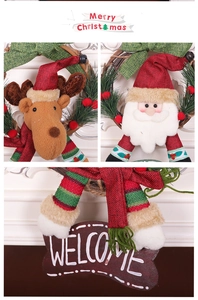 Detail of Christmas wreath with plush Santa, reindeer figures and a Welcome sign