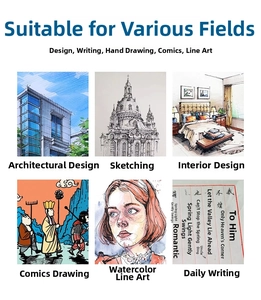 Waterproof drawing pen showing architectural sketches, manga art, and watercolor outlines